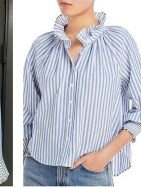 Veronica Beard Calisto blue and White cotton Striped Ruffle-Collar Button Blouse